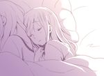  blanket closed_eyes k-on! kanbayashi_makoto kotobuki_tsumugi long_hair monochrome multiple_girls pillow saitou_sumire sleeping yuri 