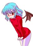  bat_wings blue_hair blush bottomless colored_eyelashes embarrassed eyelashes fang kisaragi_ryou_(sougetsu-tei) leaning_forward looking_at_viewer naked_sweater no_hat no_headwear no_pants pale_skin pointy_ears red_eyes remilia_scarlet ribbed_sweater shirt_tug short_hair slit_pupils solo sweater touhou wings 