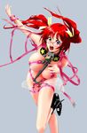  air_gear blue_eyes breasts collar distress falling fujimaruu glasses hentai_mask highres large_breasts naked_ribbon noyamano_ringo open_mouth red-framed_eyewear red_hair ribbon simple_background skindentation solo sweat twintails 