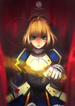  ahoge armor armored_dress artoria_pendragon_(all) bad_id bad_pixiv_id blonde_hair blood dress excalibur fate/stay_night fate_(series) fiodo gauntlets glowing glowing_sword glowing_weapon green_eyes hair_ribbon invisible_air ribbon saber solo weapon 