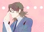  adjusting_eyewear brown_eyes brown_hair business_suit fate/stay_night fate/tiger_colosseum fate_(series) flat_color formal glasses kotomine_kirei male_focus marock solo suit 