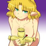  blonde_hair breasts censored collarbone convenient_censoring fingernails gomi_ichigo gradient gradient_background green_eyes heart highres large_breasts leaning_forward looking_at_viewer mizuhashi_parsee nail nude pointy_ears short_hair smile solo touhou waraningyou 