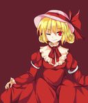  ;) alphes_(style) bad_id bad_pixiv_id blonde_hair curly_hair dress elly hat one_eye_closed parody red_background red_dress red_eyes ribbon short_hair shouen_kigashi simple_background skirt_hold smile solo style_parody touhou touhou_(pc-98) 