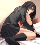  bed black_hair black_legwear long_hair looking_at_viewer neckerchief no_shoes on_bed original parted_lips pinkwaters pleated_skirt school_uniform serafuku skirt socks solo yellow_eyes 