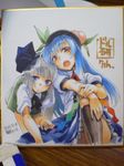  bad_id bad_pixiv_id blue_hair eraser grey_hair hat hinanawi_tenshi ikuhana_niiro konpaku_youmu marker_(medium) multiple_girls photo shikishi sitting touhou traditional_media 