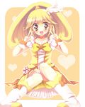  amamine bad_id bad_pixiv_id blonde_hair blush bow choker cure_peace double_v hair_flaps hair_ornament kise_yayoi magical_girl orange_choker precure shorts shorts_under_skirt sitting skirt smile_precure! solo v wide_ponytail yellow yellow_bow yellow_shorts yellow_skirt 