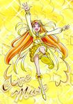  arm_up boots bow brooch character_name choker circlet cure_muse_(yellow) eyelashes frills full_body hair_bow heart jewelry knee_boots long_hair magical_girl orange_hair perspective pink_eyes precure ribbon shirabe_ako skirt solo suite_precure toratora_(1972-08-30) yellow yellow_background yellow_bow yellow_skirt 