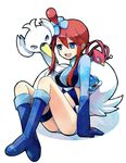  bad_id bad_pixiv_id blue_eyes blue_footwear boots fuuro_(pokemon) gen_5_pokemon gloves hair_ornament hirako midriff pokemon pokemon_(creature) pokemon_(game) pokemon_bw red_hair sitting swanna swoobat unfezant white_background 