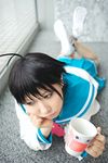  ahoge chippi coffee_mug cosplay highres idolmaster idolmaster_xenoglossia kikuchi_makoto photo sailor sailor_uniform school_uniform serafuku 