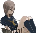  brown_eyes brown_hair copyright_request glasses handheld_game_console playing_games playstation_portable school_uniform socks solo tansuke video_game 