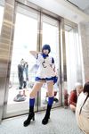  blue_hair boots cosplay cuffs eyepatch gloves handcuffs highres ikkitousen kneehighs maid maid_apron maid_uniform namada photo ryomou_shimei 