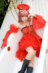  another_blood boots cosplay cuffs demonbane dress frills highres lace photo pink_hair rou rou_(cosplayer) ruffles 