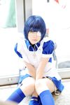  blue_hair cosplay eyepatch gloves highres ikkitousen kneehighs maid maid_apron maid_uniform namada photo ryomou_shimei ryomou_shimei_(cosplay) 