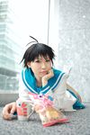  ahoge chippi coffee_mug cosplay crab crab_crackers highres idolmaster idolmaster_xenoglossia kikuchi_makoto photo sailor sailor_uniform school_uniform serafuku 