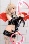  ahoge belt benio blonde_hair cosplay elbow_gloves gloves halter_top halterneck kichijou lock midriff padlock photo saki_kano shorts wings zone-00 