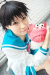  ahoge chippi coffee_mug cosplay crab highres idolmaster idolmaster_xenoglossia kikuchi_makoto photo sailor sailor_uniform school_uniform serafuku stuffed_animal stuffed_toy 