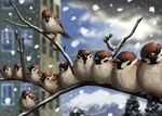  animal bird blurry branch building claws closed_eyes cloud dated depth_of_field eurasian_tree_sparrow looking_at_viewer matataku mountain no_humans original realistic signature sky snow snowing sparrow tree window wings 