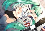  bed blush hatsune_miku panties skirt_lift striped_panties thighhighs twintails underboob underwear vocaloid xephonia 