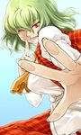  ascot breasts fourth_wall green_hair hands index_finger_raised kazami_yuuka medium_breasts one_eye_closed phenne plaid plaid_vest red_eyes shirt short_hair skirt smile solo touching touhou vest 