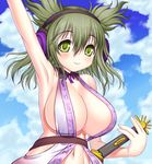  adapted_costume arm_up armpits asamura_hiori bare_shoulders breasts cleavage cloud collarbone day earmuffs green_eyes green_hair huge_breasts navel sky smile solo touhou toyosatomimi_no_miko 