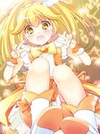  blonde_hair blush boots bow choker cocoa_(cafe-hotcocoa) cure_peace double_v hair_flaps highres kise_yayoi magical_girl open_mouth orange_choker ponytail precure shorts shorts_under_skirt skirt smile_precure! solo tears v wavy_mouth wide_ponytail yellow yellow_bow yellow_eyes yellow_shorts yellow_skirt 