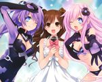  ayane_(singer) bare_shoulders blue_eyes braid breasts brown_eyes brown_hair choujigen_game_neptune_mk2 cleavage dress drill_hair elbow_gloves gloves hair_ornament highres leotard long_hair looking_at_viewer medium_breasts microphone multiple_girls nepgear neptune_(series) one_eye_closed outstretched_arm purple_hair purple_heart purple_sister real_life revealing_clothes ribbon smile symbol-shaped_pupils tsunako twin_braids very_long_hair white_dress 