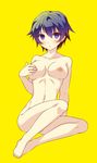  barefoot blue_eyes blue_hair blush breasts covering covering_nipples full_body highres large_breasts legs navel nipples nude persona persona_4 shirogane_naoto short_hair simple_background sitting solo yumegi_(mg.) 