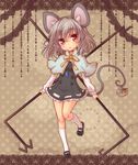  :&lt; :3 animal_ears basket capelet dowsing_rod dress full_body gem grey_dress grey_hair highres jewelry looking_at_viewer mary_janes miruki mouse mouse_ears mouse_tail nazrin necklace pendant red_eyes shoes short_hair solo standing standing_on_one_leg tail touhou 