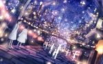  black_eyes black_hair boots bridge building commentary_request crowd dress fantasy long_hair looking_at_viewer multiple_girls night night_sky original outdoors road sakimori_(hououbds) scenery sky skyscraper star_(sky) starry_sky white_dress 