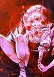  ascot bad_id bad_pixiv_id bandages blood brooch flandre_scarlet flower holding_hands injury jewelry miiru mouth_hold out_of_frame petals red_eyes red_flower red_rose rose short_hair side_ponytail sitting solo_focus thighhighs thorns touhou white_legwear wings 