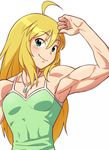  ahoge arm_up armpits bare_shoulders biceps blonde_hair dog_tags flexing green_eyes hoshii_miki idolmaster idolmaster_(classic) long_hair looking_at_viewer muscle pose sat simple_background smile solo tank_top white_background 
