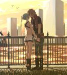  1girl amata_sora aqua_hair aquarion_(series) aquarion_evol bird boots city couple grass height_difference hetero kiss railing river serohan short_hair short_shorts shorts tiptoe_kiss tiptoes water wrist_cuffs wrist_grab zessica_wong 