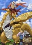  1girl bad_id bad_pixiv_id blonde_hair blue_footwear boots breath_of_fire breath_of_fire_iv closed_eyes dragon ershin green_eyes hairband highres horns kaiser_dragon nina_(breath_of_fire_iv) open_mouth pantyhose ryuu_(breath_of_fire_iv) ryuu_(breath_of_fire_v) staff white_wings wings 