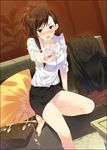 alcohol bag barefoot blush brown_hair couch cup drinking_glass drunk earrings glass handbag jewelry kazaoka_mari long_hair long_legs looking_at_viewer mizuki_makoto office_lady open_mouth outstretched_arm panties pantyshot pantyshot_(sitting) pillow red_eyes sitting skirt sleeves_rolled_up solo underwear white_album_2 white_panties wine wine_glass 