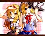  alice_margatroid arms_up black_dress blonde_hair blue_dress blue_eyes blush bow braid capelet dress grin hair_ribbon hairband hand_in_hair hat hat_tug headwear_switch kirisame_marisa letterboxed long_hair multiple_girls ribbon sakura_(kasupi) sash shirt short_hair smile touhou witch_hat yellow_eyes 