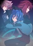  ahoge blue_eyes blue_hair brown_hair cardfight!!_vanguard kai_toshiki long_hair magic_circle male_focus multiple_boys nakamura_sandayo red_hair sendou_aichi smirk suzugamori_ren 