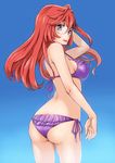  ano_natsu_de_matteru arm_up ass back bad_id bad_pixiv_id bikini blue_background blue_eyes breasts butt_crack covered_nipples from_behind glasses gradient gradient_background long_hair looking_at_viewer looking_back medium_breasts nukomasu purple_bikini red_hair side-tie_bikini sideboob solo strap_gap swimsuit takatsuki_ichika 