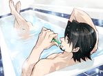  arm_behind_head bad_id bad_pixiv_id bathing bathtub brown_eyes brushing_teeth crossed_ankles facial_hair kaburagi_t_kotetsu looking_back male_focus nude solo steam tiger_&amp;_bunny tiles toothbrush tsuzuki_(matchbox) water 