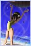  1girl aqua_eyes arms_up avatar:_the_last_airbender avatar_(series) beach black_hair border breasts bun_cover clothes_writing day double_bun element_bending medium_breasts ocean one-piece_swimsuit shadow solo swimsuit toph_bei_fong 