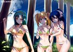  animal_print bikini blonde_hair blue_eyes blue_hair blush bracelet breasts cleavage front-tie_top green_eyes green_hair highres jewelry long_hair medium_breasts multiple_girls navel one_eye_closed original ponytail side-tie_bikini strap_gap swimsuit tiger_print twintails underboob xtermination yellow_eyes 