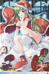  absurdres bad_id bad_yandere_id bell blue_eyes blush boots bow breasts cape christmas crescent frog gift green_hair hair_ornament hand_on_own_chest hat highres kochiya_sanae large_breasts long_hair looking_at_viewer miyase_mahiro open_mouth panties pink_panties reindeer ribbon sack santa_costume santa_hat snake snow snowing solo star touhou translation_request underwear window 