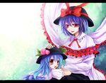  blue_hair capelet child food fruit hat hat_ribbon hinanawi_tenshi letterboxed long_hair multiple_girls nagae_iku peach petting purple_hair red_eyes ribbon ryuushou shawl shirt short_hair skirt smile touhou 