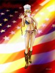 american_flag american_flag_bikini bikini blonde_hair boots breasts bubble_blowing chef_hat chewing_gum cowboy_boots flag_background flag_print green_eyes hat large_breasts long_hair midriff monica_adenauer navel patriotism side-tie_bikini solo source_request standing swimsuit toque_blanche twintails wristband yakitate!!_japan 