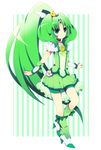  big_hair bike_shorts bow bowtie choker cure_march full_body green green_background green_choker green_eyes green_hair green_neckwear green_shorts green_skirt long_hair midorikawa_nao no_nose ponytail precure ribbon shoes shorts shorts_under_skirt skirt smile smile_precure! solo soranagi striped striped_background tri_tails vertical-striped_background vertical_stripes very_long_hair 