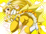  blonde_hair blush bow cameltoe cure_peace hair_flaps heart kise_yayoi long_hair open_mouth precure shorts shorts_under_skirt skirt smile smile_precure! solo toron_(mino106) v yellow yellow_bow yellow_shorts yellow_skirt 