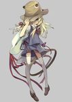  blonde_hair blue_eyes grin hair_over_one_eye hair_ribbon hand_on_headwear hat hat_tug hoop long_hair moriya_suwako ribbon shirt skirt skirt_set smile solo thighhighs touhou vest white_legwear yayin_(yayin233) zettai_ryouiki 