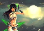 bad_id bad_pixiv_id black_hair breasts chinese_clothes contrapposto fiodo game_console gloves green_eyes lips long_hair medium_breasts midriff navel original panties personification pubic_tattoo solo standing tattoo underboob underwear xbox_360 