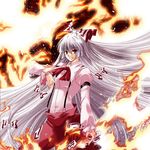  bird bow fire floating_hair fujiwara_no_mokou grin hair_bow hime_cut long_hair phoenix red_eyes rindou_matsuri silver_hair smile solo suspenders touhou very_long_hair 