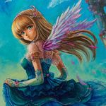  angel_wings back bad_id bad_pixiv_id blonde_hair blue_dress blue_eyes blush bridal_gauntlets clothes_grab copyright_request dress from_behind long_hair looking_back oil_painting_(medium) see-through sky solo tafuto wings 
