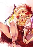  ascot bad_id bad_pixiv_id bandages blonde_hair blood brooch flandre_scarlet flower holding_hands injury jewelry miiru mouth_hold out_of_frame petals red_eyes red_flower red_rose rose short_hair side_ponytail sitting solo_focus thighhighs thorns touhou white_legwear wings 